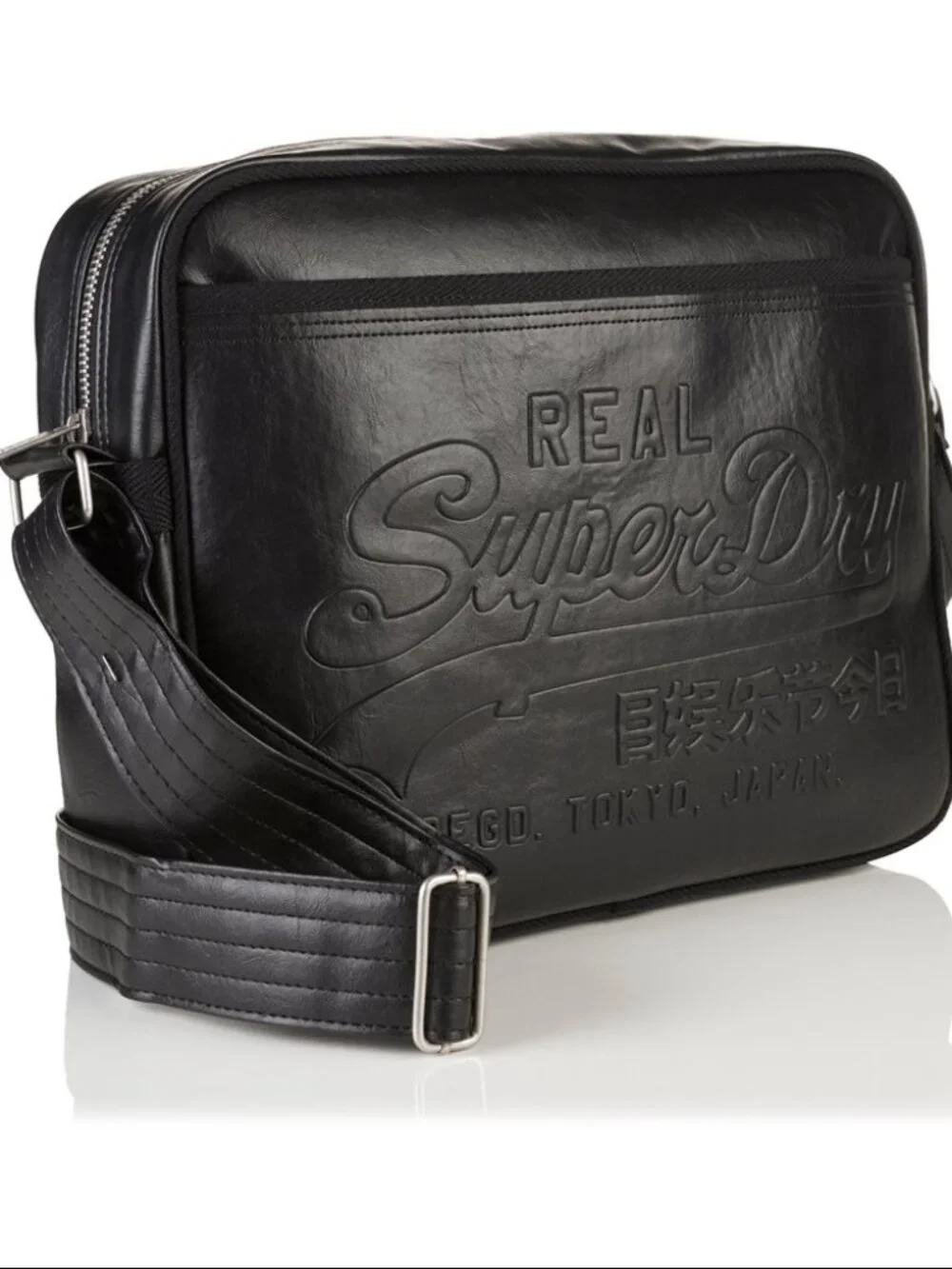 Superdry Embossed Logo Black Faux Leather Messenger Crossbody Bag